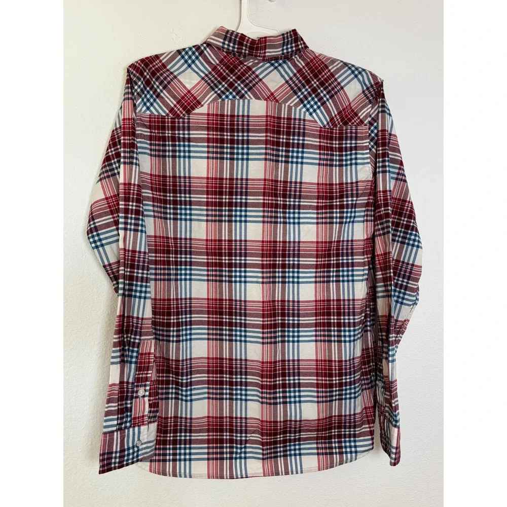 Levis Modern Mens Western Shirt M Red Blue White Plaid Snap Front Long Sleeve